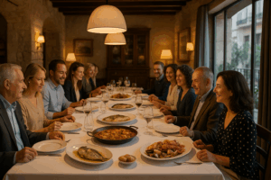 Grupo de personas disfrutando de un menú para grupos en un restaurante elegante de Barcelona con platos de marisco y paella.