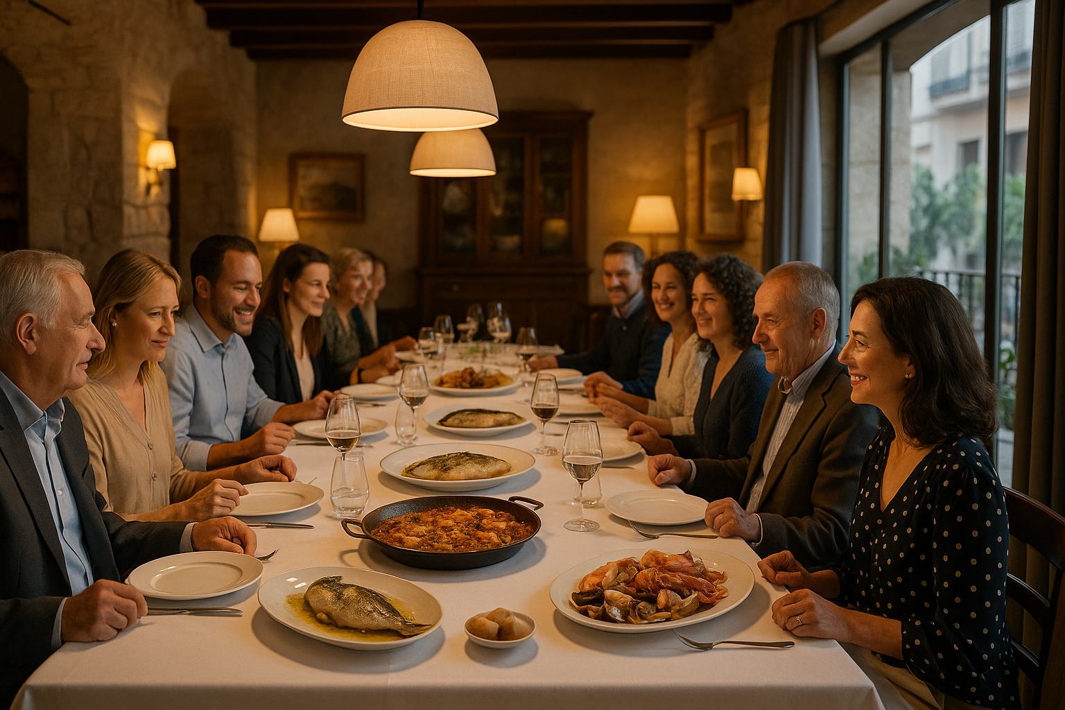 Grupo de personas disfrutando de un menú para grupos en un restaurante elegante de Barcelona con platos de marisco y paella.